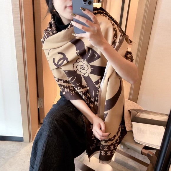 CHANEL Tan and Dark Brown Logo Scarf - Picture 1 of 4